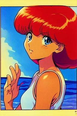 1girl, retro anime, 80's, redhead,portrait, synth-wave colors, beach