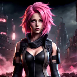 Attractive young female villainess wearing a bodysuit, post-apocalyptic background, dark eyeshadow, pink hair, anime style, video game character, unreal engine, trending artstation, trending deviantart