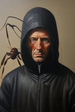 Th tall man with an Ant face with black hood , Busch painting style