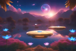 galactic landscape with stars, ((golden shining metal flying saucers)), a magic lake full of lotus flowers and fairytale surroundings with sparkling white stars tiny electric blue butterflies, vaporwave colorful, concept art, smooth, extremely sharp detail, finely tuned detail, ultra high definition, 8 k, unreal engine 5, ultra sharp focus