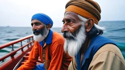 indian young man on the ship afraid of sea and another old man