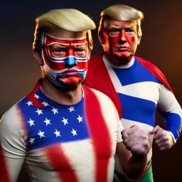 realistic image of donald trump as a mexican wrestling fighter posing outdoors, with mexican mask painted on the face, red and blue breeches, confederate flag cape, naked torso, retro style, 80s, vibrant color, highly detailed, sky background, concept art, unreal engine 5, god rays, ray tracing, RTX, lumen lighting, ultra detail, volumetric lighting, 3d, finely drawn, high definition, high resolution.