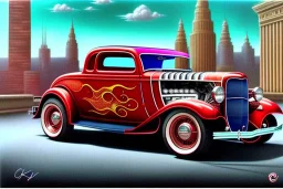 a true-to-life 1932 ford coupe deluxe, centered, intricate, extreme detailed, photorealism, center view, city background, pivot on ford, pen and color marker, painting by cheryl kelley