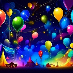 fiber drawing of a birthday party in the sky at night, on the clouds, with colorful light bulbs, garlands, pennants, balloons, confetti, party spirit, music, the stars shine and dance