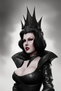 Lana Turner as evil queen in black leather, leather, busty, cleavage, angry, stern look. character design by cory loftis, fenghua zhong, ryohei hase, ismail inceoglu and ruan jia. unreal engine 5, artistic lighting, highly detailed, photorealistic, fantasy