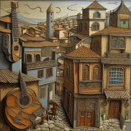 A grayish copper brown town with acoustic guitar shaped buildings designed in Oaxacan alebrijes painted by Max Ernst