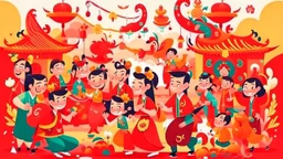 fantasy cartoon style illustration: chinese new year celebration