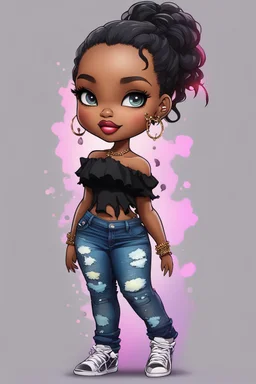 create a colorful abstract digital art image 8k of a chibi curvy black female wearing torn jeans pants and a black-tie dye off the shoulder blouse. Prominent make up with hazel eyes. Highly detailed long wavy sleek ponytail