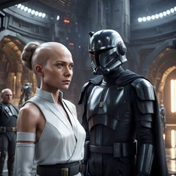 star wars bald male corellian pilot wearing pearlescent black and gunmetal grey First Order special forces armor and helmet with gold trim inside the jedi temple, centered head and shoulders portrait, hyperdetailed, dynamic lighting, hyperdetailed background, 8k resolution, volumetric lighting, light skin, fully symmetric details