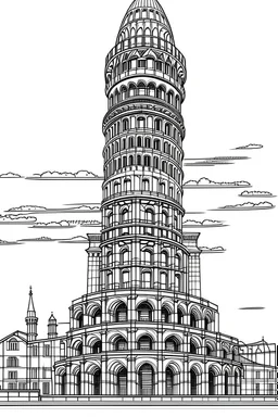 outline art for coloring page with Leaning Tower of Pisa, white background, Sketch style, use only outline, Mandala style, clean line art, white background, no shadow, not many details, not many details