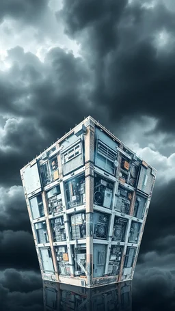 Synthography Art generated Of cube shape building with visual details of mechanical parts textures with gray clouds storm in the background