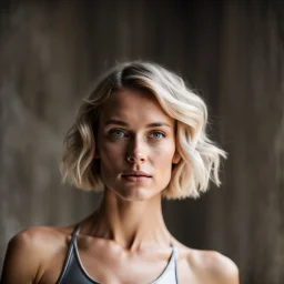 beautiful young woman, short grey metallic triathlon swimsuit, short blond wavy bob hair, blurred concrete background