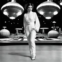 a standing revealing full body black and white photoshoot Princess Leia with her Star Puffs hairstyle, she is poised on hands and knees, by Helmut Newton, typical for the suggestive style of Newton (high quaintly perfect photo) the background is a space dock
