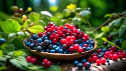 A summer picture with freshly picked forest berries (lingonberry, blueberry, raspberry)