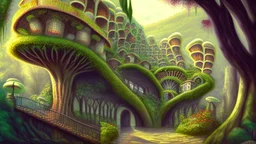 Gigantic mushroom village with balconies, archways, stairs, bridges, bushes, spanish moss, ivy, river, a winding pathway through the middle, in a valley