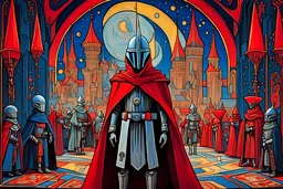 4K Xue Wang style, young futuristic StarWars knight Parcival, Avant-garde futuristic Medieval cyber fashion, talks to Cardinal's Council, Austrian Symbolism, arcane atmosphere, Ludwig Bemelmans tufting tapestry Art, by Mario Bava movie