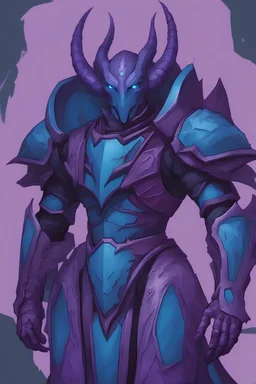 blue humanoid dragonoid in purple illithid armour and no purple head