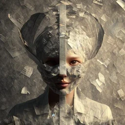 rendered in blender trash bag on his head and crumpled paper as a texture, collage paper and tape, slit - scan photography, high resolution, cinematic, unreal 6, breathtaking detailed