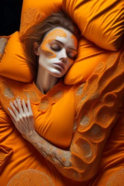 sleeping woman, orange and yellow tones, insanely detailed and intricate, hypermaximalist, elegant, ornate, hyper realistic, super detailed, by Pyke Koch