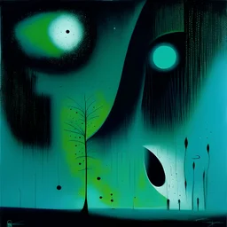 I get night Fever, night fever, Style by Colin McCahon and Joan Miro and Victor Pasmore, surreal abstract art, surreal masterpiece, sharp focus, smooth, green hues and blue tints, black - white color scheme, loosely based on the nightmare art of Zdzislaw Beksinski