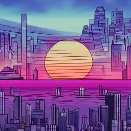 draw a cyberpunk sunset with a river and a city in the background with the word "GNR" spelled in the sky