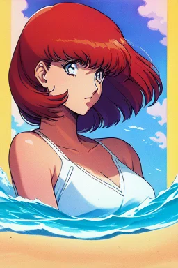 1girl, retro anime, 80's, redhead,portrait, synth-wave colors, beach