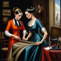 Two tailor women making a dress, by artist "Catherine Abel" highly detailed elegant beautiful crisp quality, colourful, by artist "Jean Baptiste Monge"