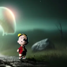 Charlie brown running away from an alien spaceship,scared