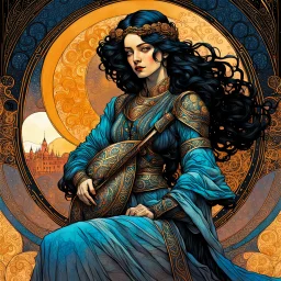 create an ethereal, darkly magical illustration of an epic female Andalusian guitarist, with highly detailed and deeply cut facial features, in the style of GUSTAV KLIMT and ALPHONSE MUCHA combined with the comic art style of BILL SIENKIEWICZ and JEAN GIRAUD MOEBIUS, searing lines and forceful strokes, precisely drawn, inked, and darkly colored