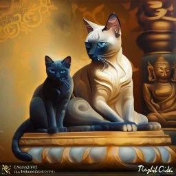 Elegant feline (Siamese cat) laying on Buddha statues lap, observing Thailand, painting impressionism, beautiful, artistic detailed Modifiers: elegant illustration intricate oil on canvas cinematic lighting very attractive beautiful dynamic lighting fantastic view close up hyperrealistic crisp quality hdr cinematic postprocessing Thomas Kinkade Caspar David Friedrich focused Craig Rutkowski