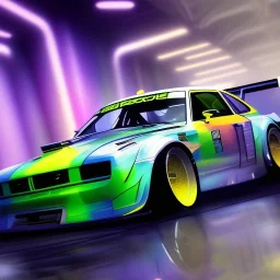 Race car drift, water colour, neon lights, high detailing, 300mm, futuristic, hyper realistic, 4k