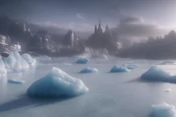 ice, lagoon, seashore, distant futuristic city, epic, sci-fi