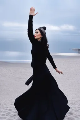 full body of very beautiful lady midi skirt and blouse , curvy hair with small cap and lace scarf ,standing idle happy pose in studio pretty makeup