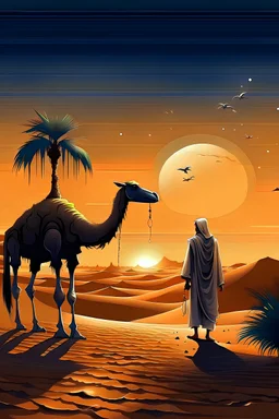 The sun is setting in the desert. An Arab man is guiding his camel to a palm tree in the far distance. The moon is the full and the stars are bright. A giant pelican is standing in the sand.