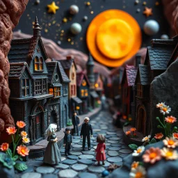 Detailed people, creepy street made of modeling clay and felt, village, stars, galaxy and planets, sun, volumetric light flowers, naïve, Tim Burton, strong texture, extreme detail, Yves Tanguy, decal, rich moody colors, sparkles, Harry Potter, bokeh, odd