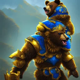 An angry bear warrior in blue and gold armor, background of Inka jungle, high detail, smooth, realistic, digital illustration, Artstation, artgerm,