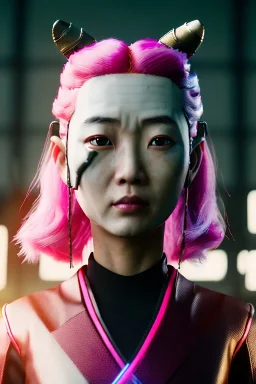 portrait, Asian cyborg woman, samurai warrior :: symmetry photography, cyberpunk style, pink hair, wires conveying, perfect eyes, samurai helmet, tiger mask, black samurai army, katana, japanese traditional ornaments, pink, white, black, glow eyes, cinematic, Ultra realistic, dark scene, soft color, highly detailed, unreal engine 5, RTX, ultra detail, 3d, finely drawn, high definition.