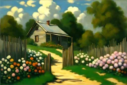 Clouds, cabin, spring trees, little pathway, fence, flowers, frederic bazille impressionisn painting