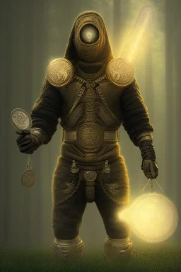 running berserker portrait , no face, black jogging suite , in the night Alps , holding coins , angels background, volumetric gold light, high detail, dark leaf tree, dark mountains in background, perfect, HR Giger style