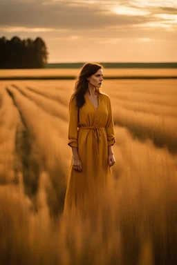 A beautiful brunette woman with sharp cheekbones is standing in a field in Thuringia at dawn. She is wearing a mustard linen dress and seen from afar.