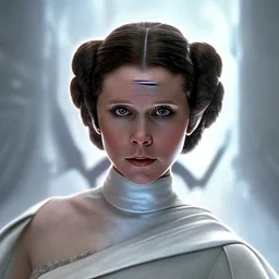 low angle beautiful half-body-portrait photo of princess leia from Star Wars played by Carrie Fisher, in the style of horizon zero dawn wlop, artgerm, akihiko yoshida, and liang xing, detailed face, doe eyes, intricate hair style, symmetrical eyes, trending on artstation, highly detailed, white dress, dynamic pose, intricate outfit, futuristic weapon, space ship and galaxy background