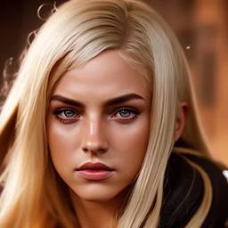 Photorealistic headshot of a fierce blonde assasin