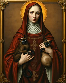 hauntingly illuminated medieval portrait of Saint Gertrude of Nivelles, her serene yet commanding presence radiating from the gilded frame as if stepping through time. Dressed in flowing 7th-century abbess robes of deep burgundy and gold, she cradles two sinuous Oriental Shorthair chocolate point Siamese cats like sacred relics—their piercing blue eyes glowing like sapphires against velvety sepia fur, their angular faces turned toward her with feline reverence. One paw rests on her embroidered s