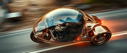 seen from above, tattoo style, motion blur, airbrush art, elon musk riding inside an awesome trike spaceship in copper, fast one in the shape of a transparent snail , now its gonna do an awesome gig , bokeh like f/0.8, tilt-shift lens 8k, high detail, smooth render, down-light, unreal engine, prize winning