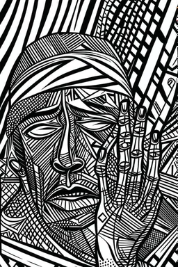 tribal man in grief with hands on face crazy shapes pencil draw style of roy lichtenstein