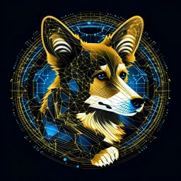 Blue and gold circle logo. Side profile of a cute corgi dog made entirely of gold circuit board traces, fingerprint and neural network superimposed behind