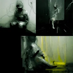 Minimal contemporary abstract oil paintings close up person wearing hazmat suit limbs sinew and concrete fragments illuminated at night style of Justin Mortimer And Francis bacon And ashley wood