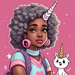 Cartoon Black girl 17 years old with a mini fro in a unicorn outfit