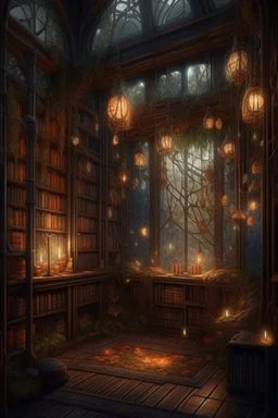 Forest library, autumn, many books,nature,natural lines, lamp garlands, twilight,dark,botanical maximalism boho style, hyperrealism, hyperdetalization, high quality, 32k, dark botanical, bionics, bionic elements,grunge, magic, fantasy, many complex details, filigree, clarity, sharpness, 8d painting, concept art, 35 mm, contrast