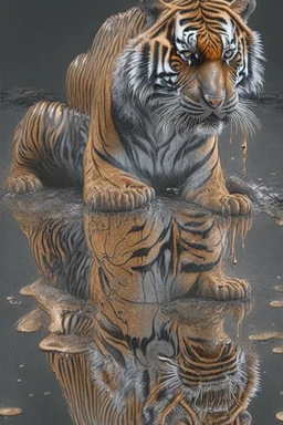 full body portrait, a hyper-realisitc tiger melting into a puddle of liquid, hyper-realistic natural form, full body, highly detailed melting details, emotional expression, detailed emotions, hyper detailed melting of the animal to the ground, engraved fur details, anatomically correct animal, dark colour tone, epic colour treatment, cinematic colour treatment, meticulously intricate perfectly symmetrical extremely detailed, pixiv daily ranking, pixiv, extreme depth of field, artstation, sculptu